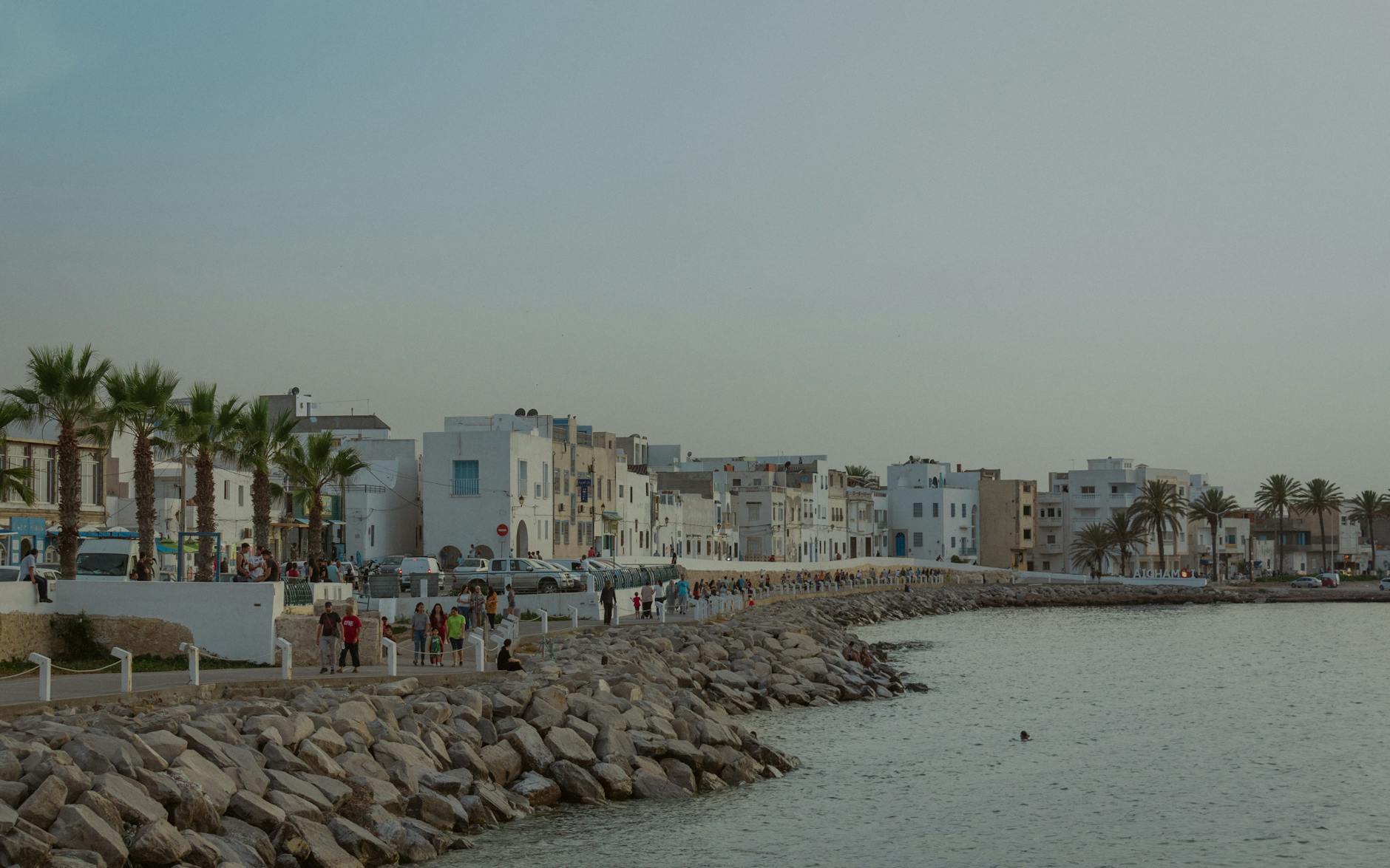 Nadbrzeże Mahdii w Tunezji z palmami i białą zabudową nad morzem